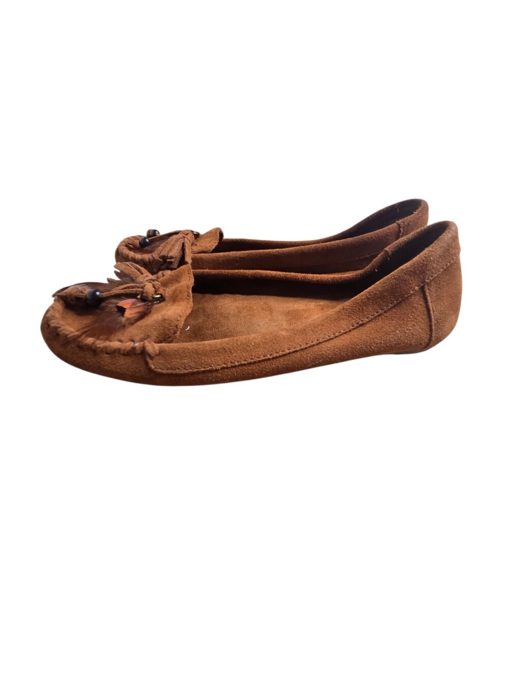 Minnetonka Brown Suede Women's Sz 7.5 Moccasin Feathers Loafer Shoes Hardsole